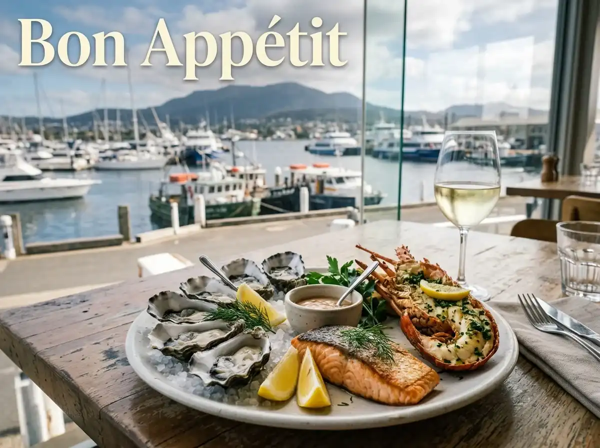 Fresh Tasmanian seafood platter at a waterfront restaurant near Hobart