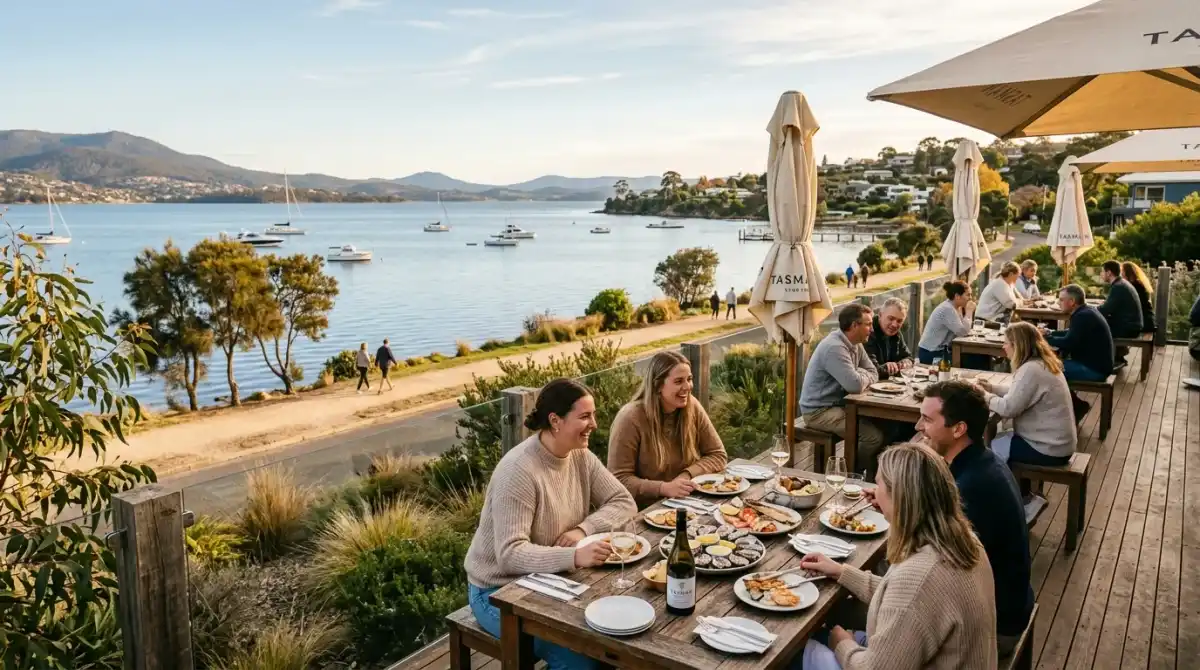 Bellerive waterfront dining with outdoor tables, water views, and diners enjoying Tasmanian food and drinks