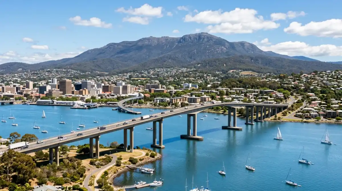 Tasman Bridge spanning the River Derwent connecting Hobart CBD to Bellerive with kunanyi Mount Wellington in the background