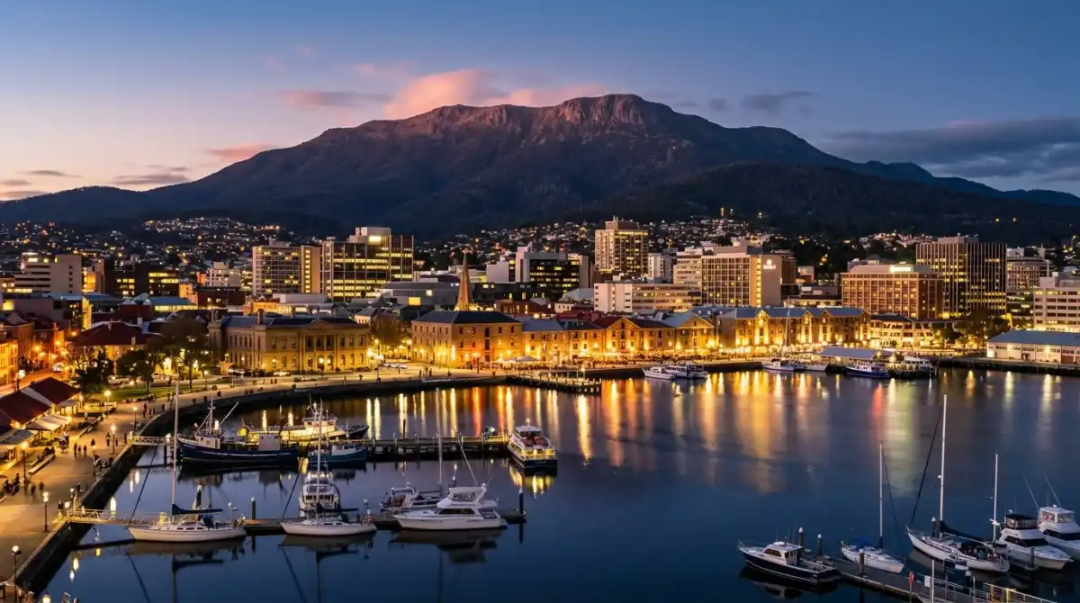 Hobart city skyline at dusk from the River Derwent with waterfront hotels and kunanyi Mount Wellington behind