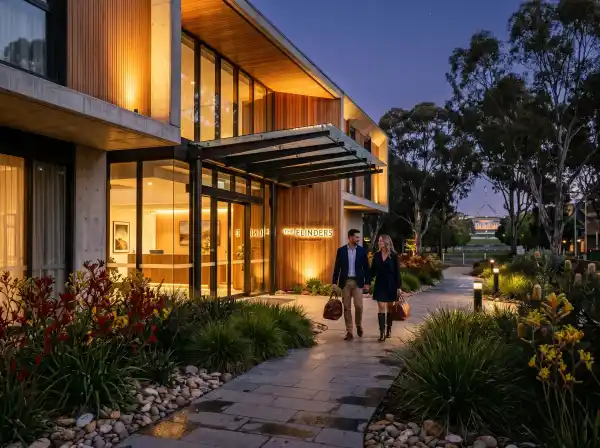 Modern hotel entrance at dusk in Canberra near GIO Stadium