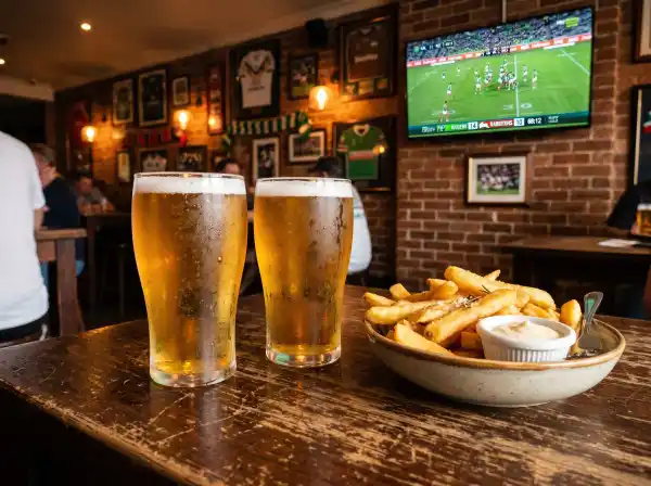Two schooners of craft beer at a Canberra pub with rugby league on TV