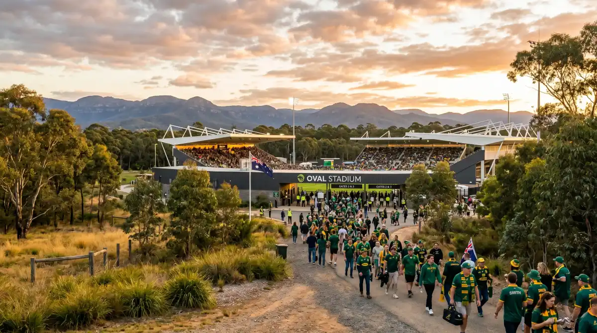 Canberra Stadium at golden hour with fans walking toward the gates, Brindabella Ranges visible in the background