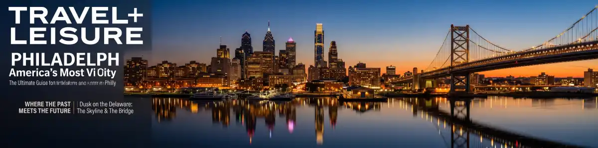Philadelphia skyline at dusk viewed from South Philadelphia with city lights and the Delaware River