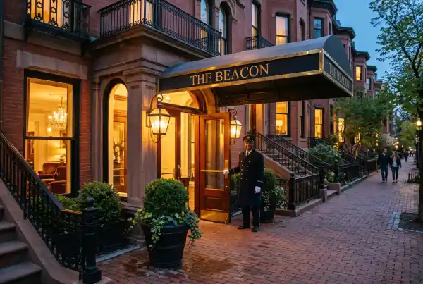 Elegant hotel entrance at dusk in Boston Back Bay neighborhood