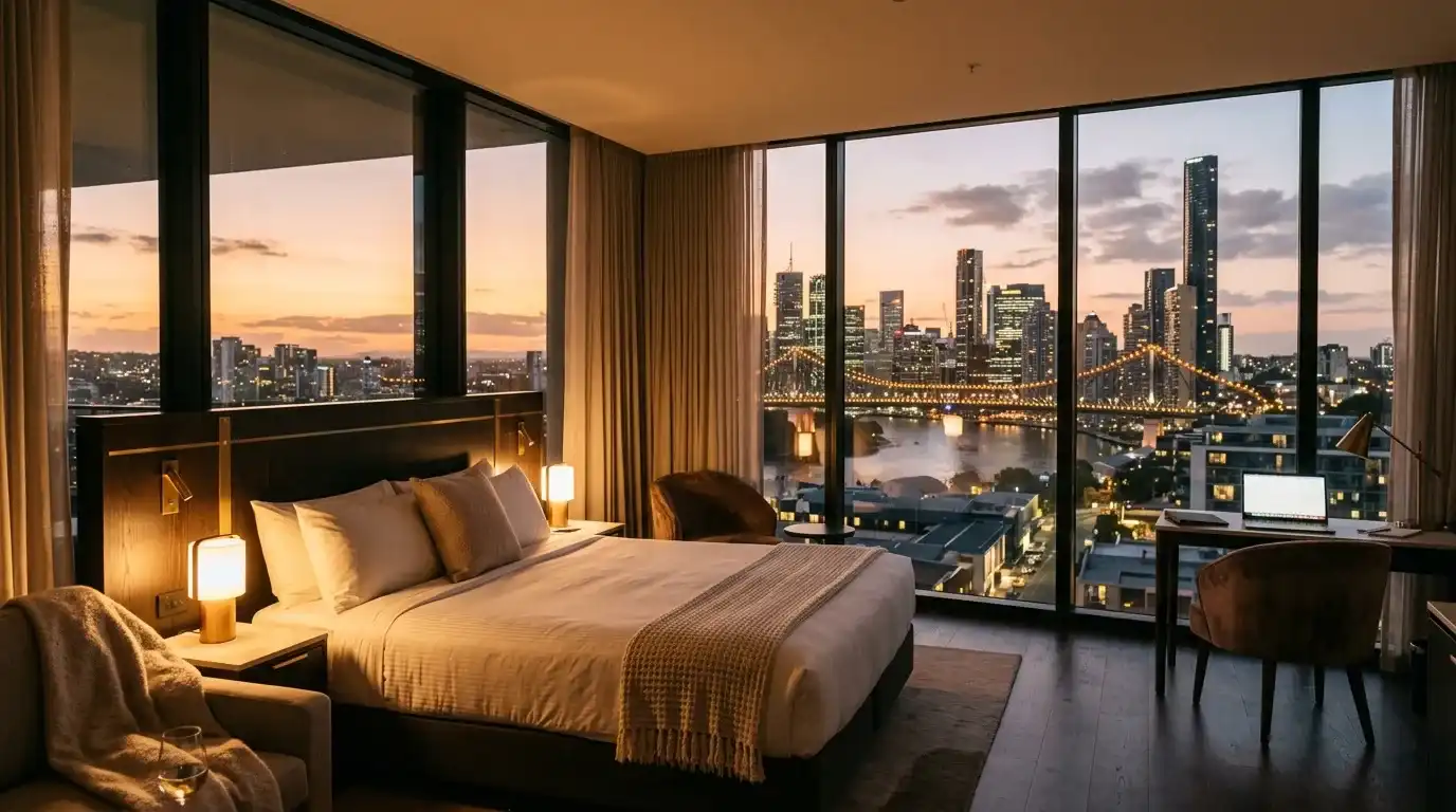 Modern Brisbane hotel room with city views through floor-to-ceiling windows at dusk