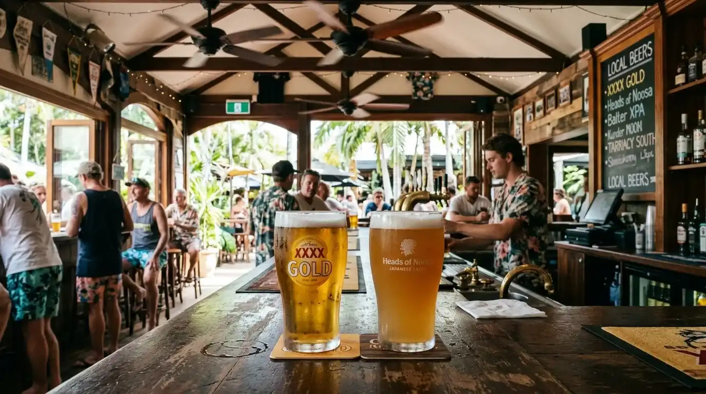 Schooners of XXXX Gold and craft beer on a Queensland pub bar with ceiling fans