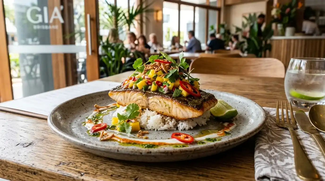 Modern Asian fusion dish at a Brisbane restaurant with fresh tropical ingredients