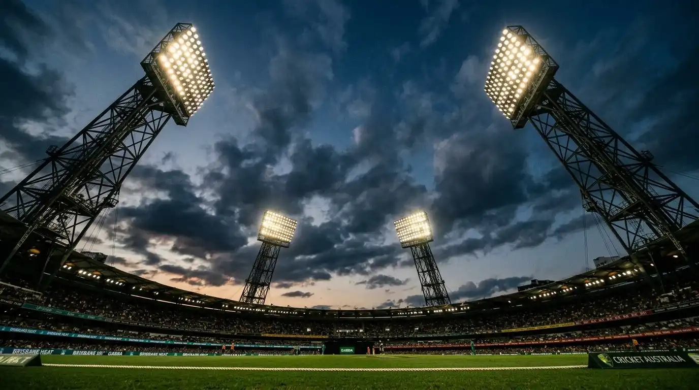 Looking up at The Gabba light towers from field level with dramatic low-angle perspective