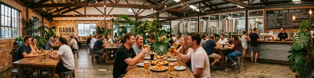 Woolloongabba craft brewery taproom in Brisbane with groups enjoying craft beers and share plates