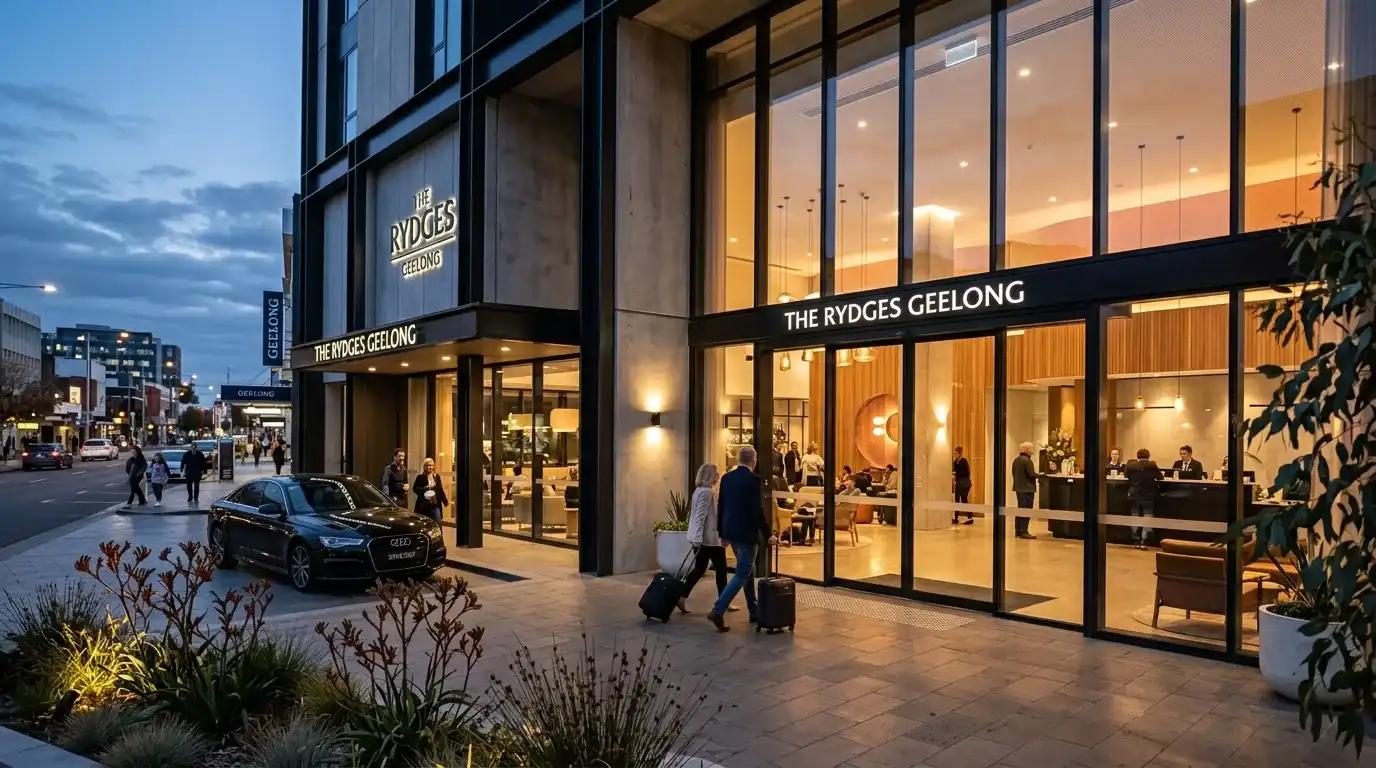 Modern hotel entrance at dusk in Geelong near GMHBA Stadium