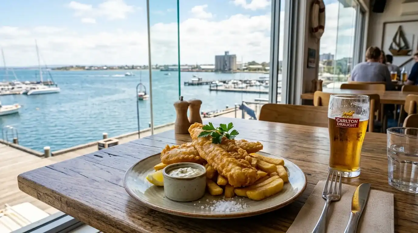 Fresh fish and chips at a waterfront restaurant in Geelong