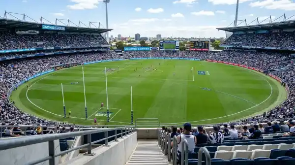 Inside GMHBA Stadium Kardinia Park with green oval and grandstands
