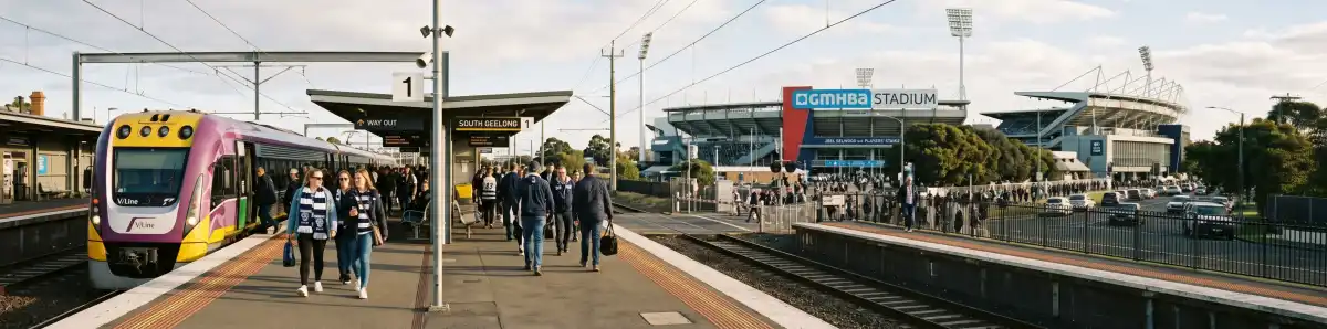 South Geelong railway station with V/Line train and GMHBA Stadium visible in the background