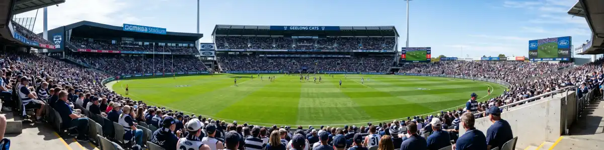 Inside GMHBA Stadium Kardinia Park looking across the oval from the stands