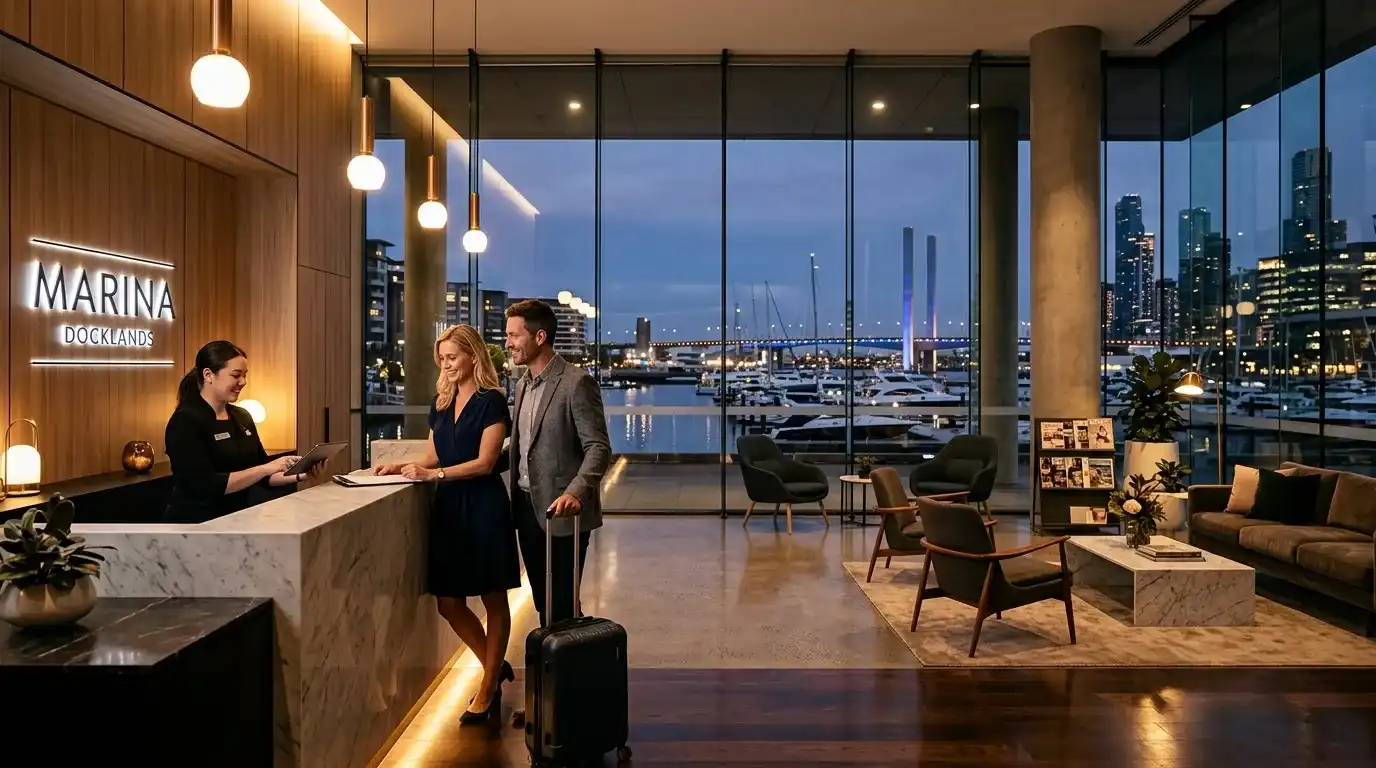 Modern waterfront hotel lobby in Melbourne Docklands with harbour views through floor-to-ceiling windows