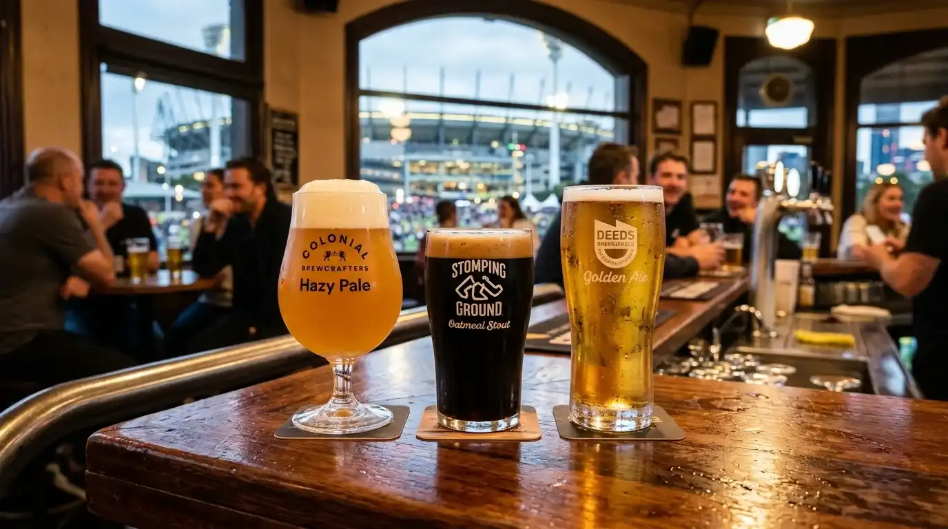 Craft beers on a bar counter with a stadium visible through the window behind