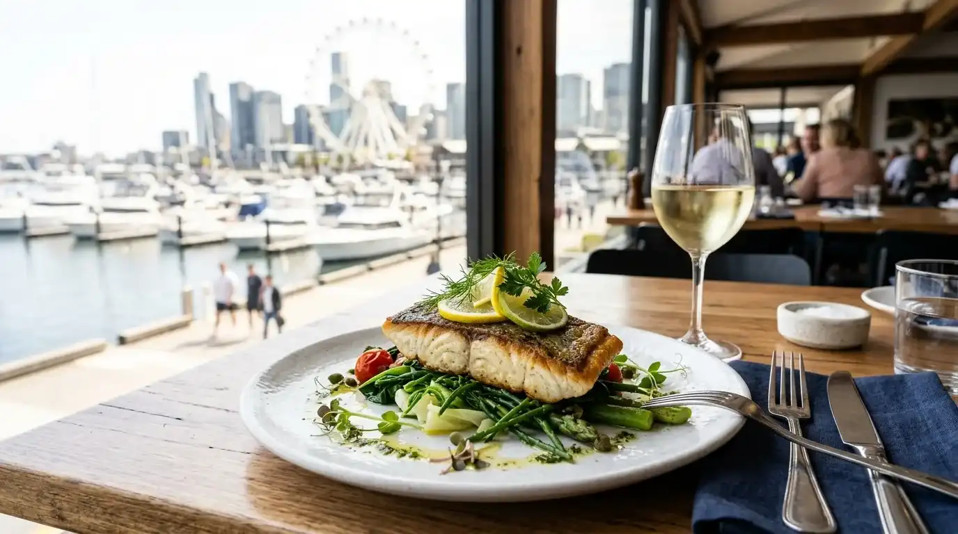 Modern Australian seafood dish at a Docklands waterfront restaurant