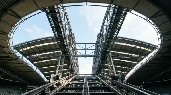 Inside Marvel Stadium looking up at the retractable roof mechanism and steel truss structure
