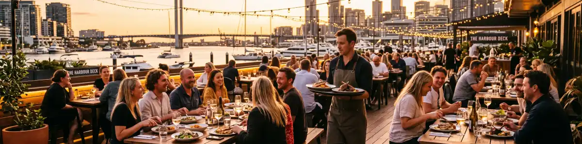 Melbourne Docklands waterfront restaurant terrace at golden hour with diners overlooking the harbour