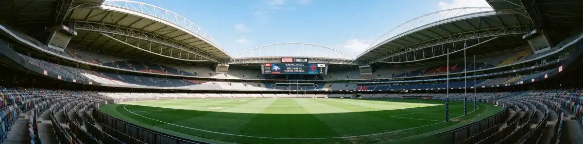 Inside Marvel Stadium Melbourne looking across the empty playing field with the retractable roof partially open showing blue sky