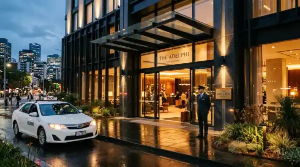 Luxury hotel entrance at dusk near Melbourne Cricket Ground