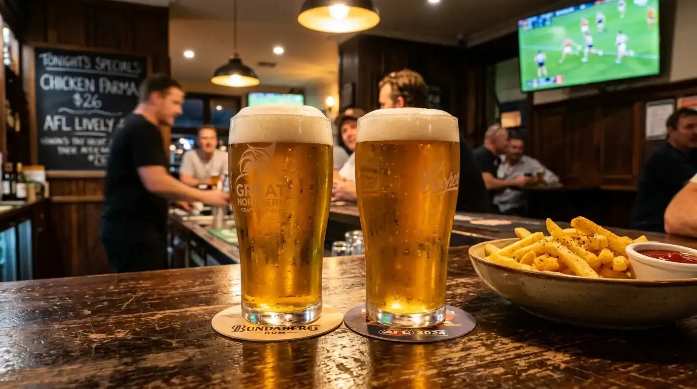 Two pints of craft beer at an Australian pub near the MCG with AFL on the screen