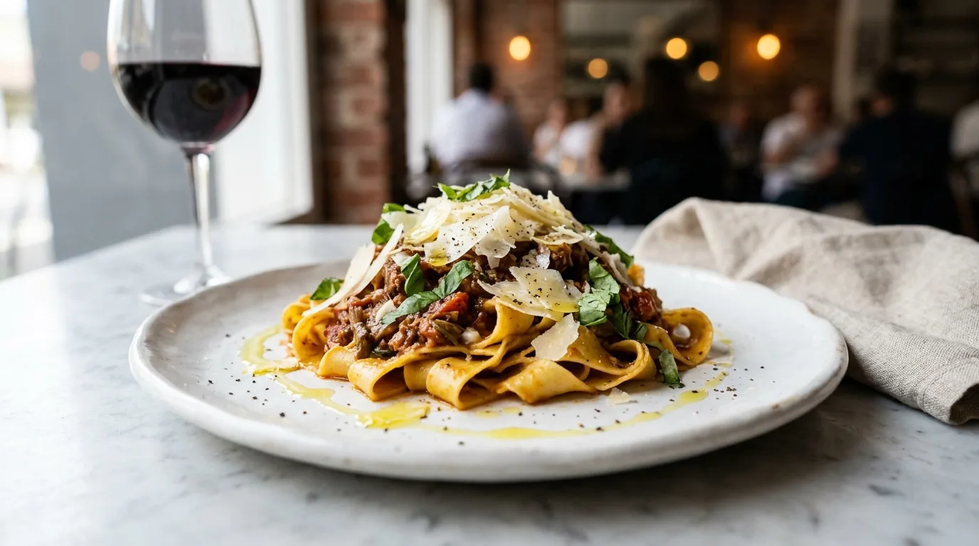 Handmade pappardelle pasta at an Italian restaurant near the MCG