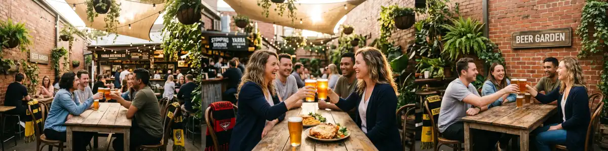 Melbourne pub beer garden with friends enjoying craft beers and pub food before an MCG game