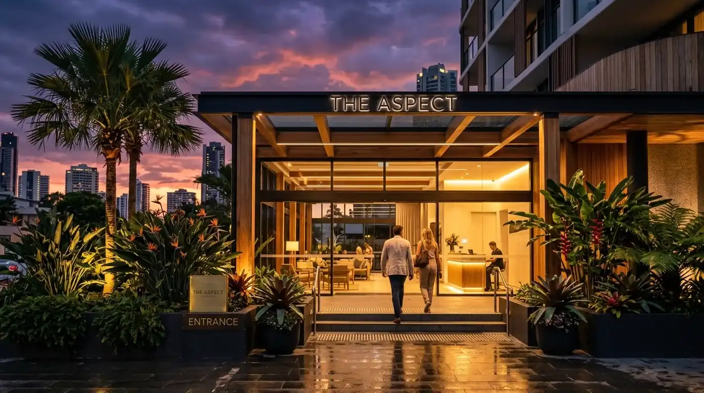 Boutique hotel entrance at dusk on the Gold Coast with tropical palms