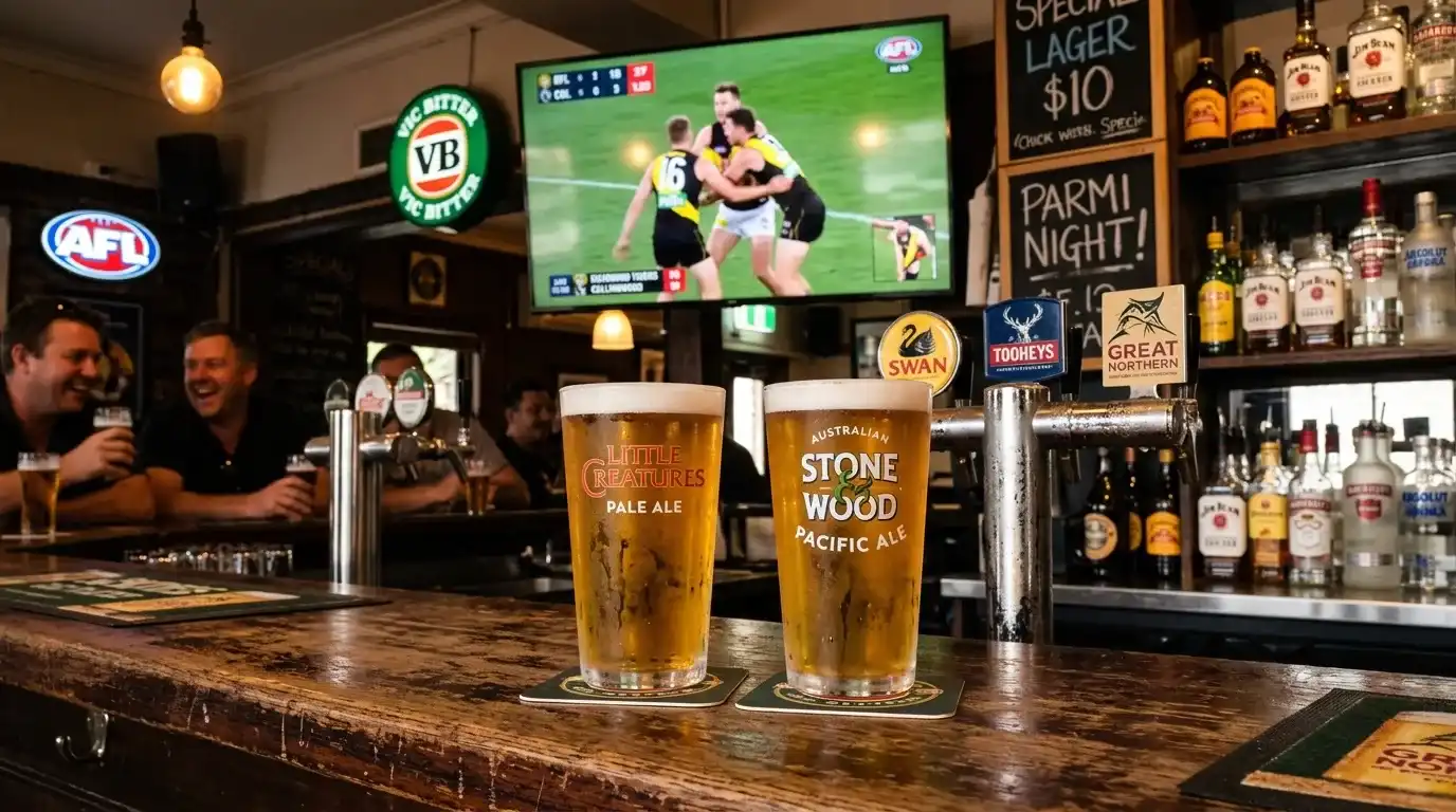 Two pints of craft beer at an Australian pub near Metricon Stadium with AFL on the screen