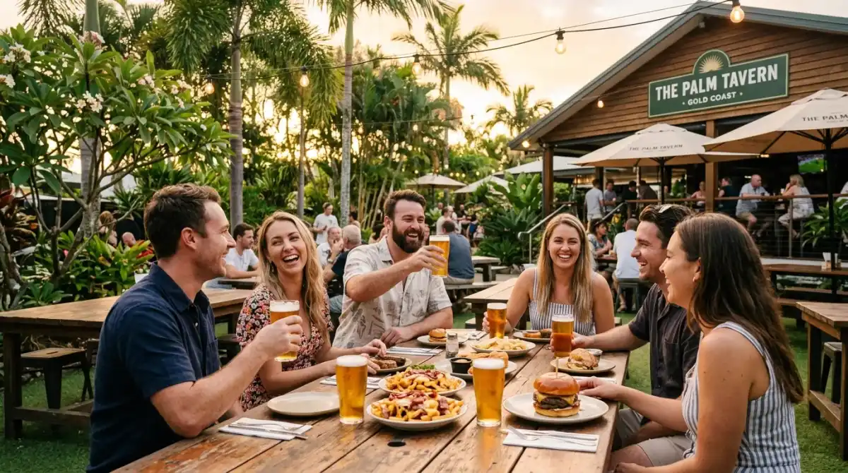 Gold Coast beer garden with friends enjoying craft beers and pub food before a Suns game