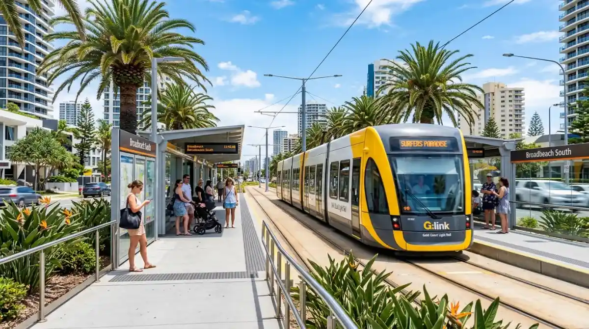 Gold Coast light rail G:link tram at a station with tropical palm trees and blue sky