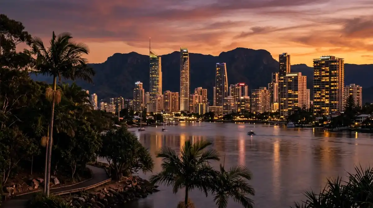 Gold Coast skyline at dusk showing Broadbeach and Surfers Paradise high-rises with hinterland mountains behind