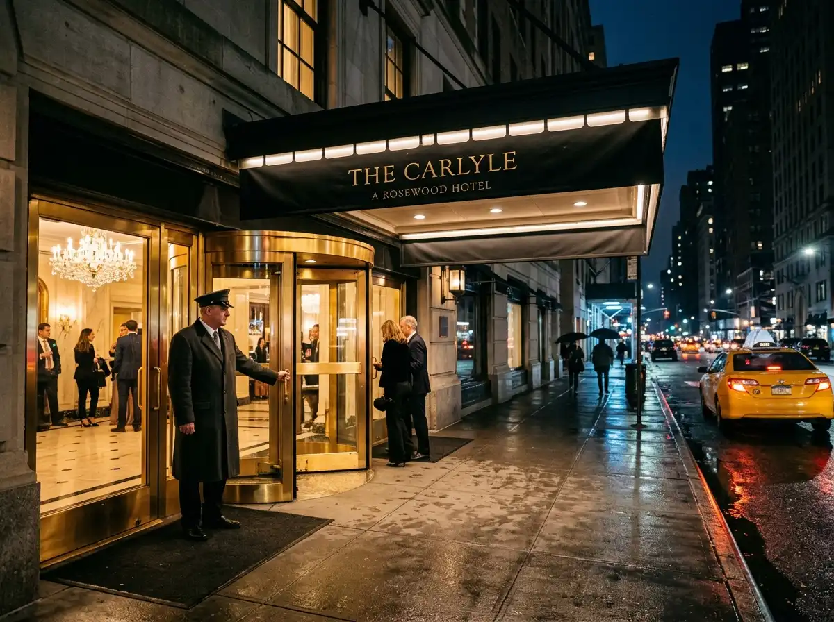 Upscale Midtown Manhattan hotel entrance at night with doorman