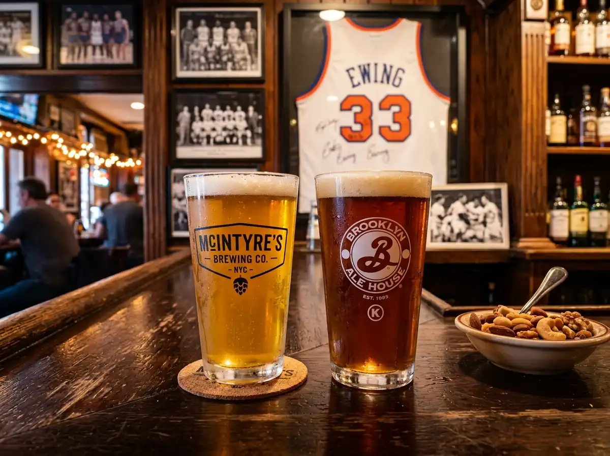 Two craft beers on a dark wooden bar with NYC sports memorabilia