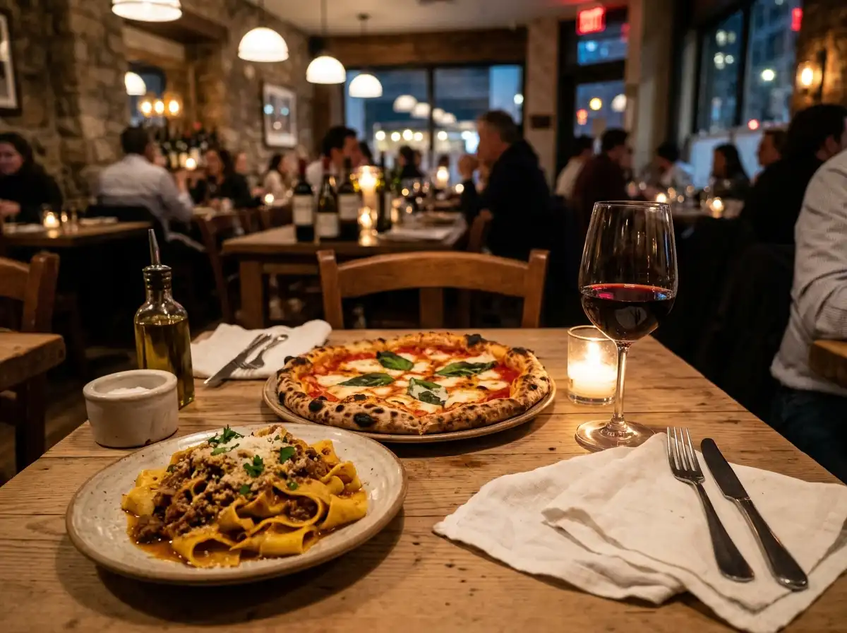 New York style pizza and pasta at an Italian restaurant