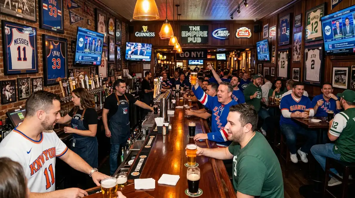 Lively Midtown Manhattan sports bar interior with craft beers and TV screens before a game