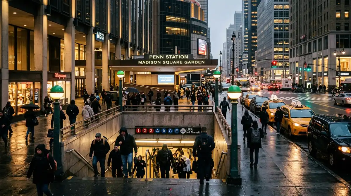 Penn Station entrance on 7th Avenue with yellow taxis and subway signs in busy Midtown Manhattan