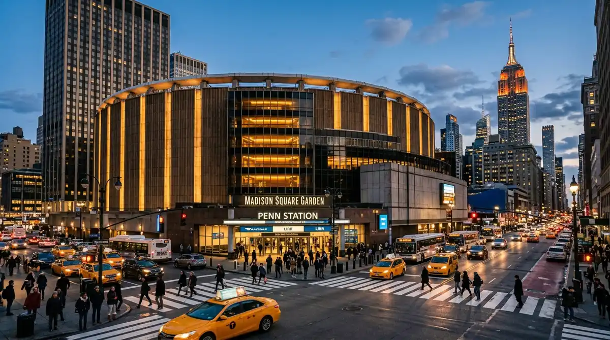 Madison Square Garden exterior at dusk with Penn Station below and Midtown Manhattan skyscrapers in background