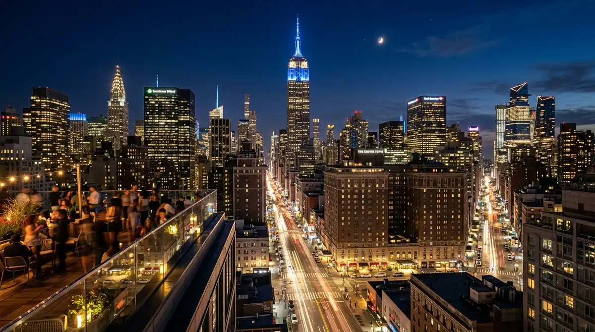 Midtown Manhattan skyline at night with illuminated skyscrapers and Empire State Building