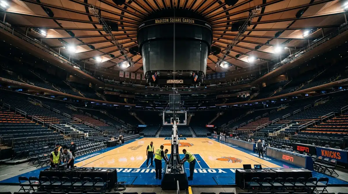 Inside Madison Square Garden during setup with the basketball court and scoreboard visible
