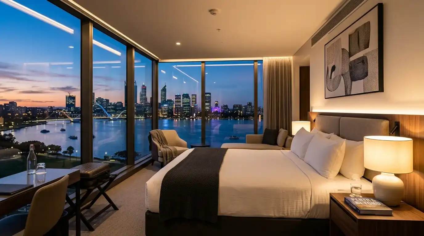 Modern hotel room with floor-to-ceiling windows overlooking the Swan River Perth at dusk