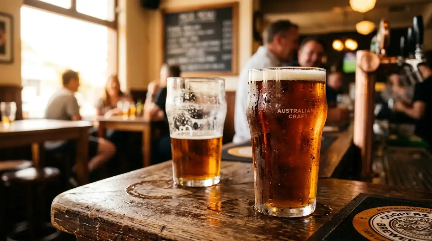 Close-up of cold craft beers on a bar counter in an Australian pub with warm afternoon light