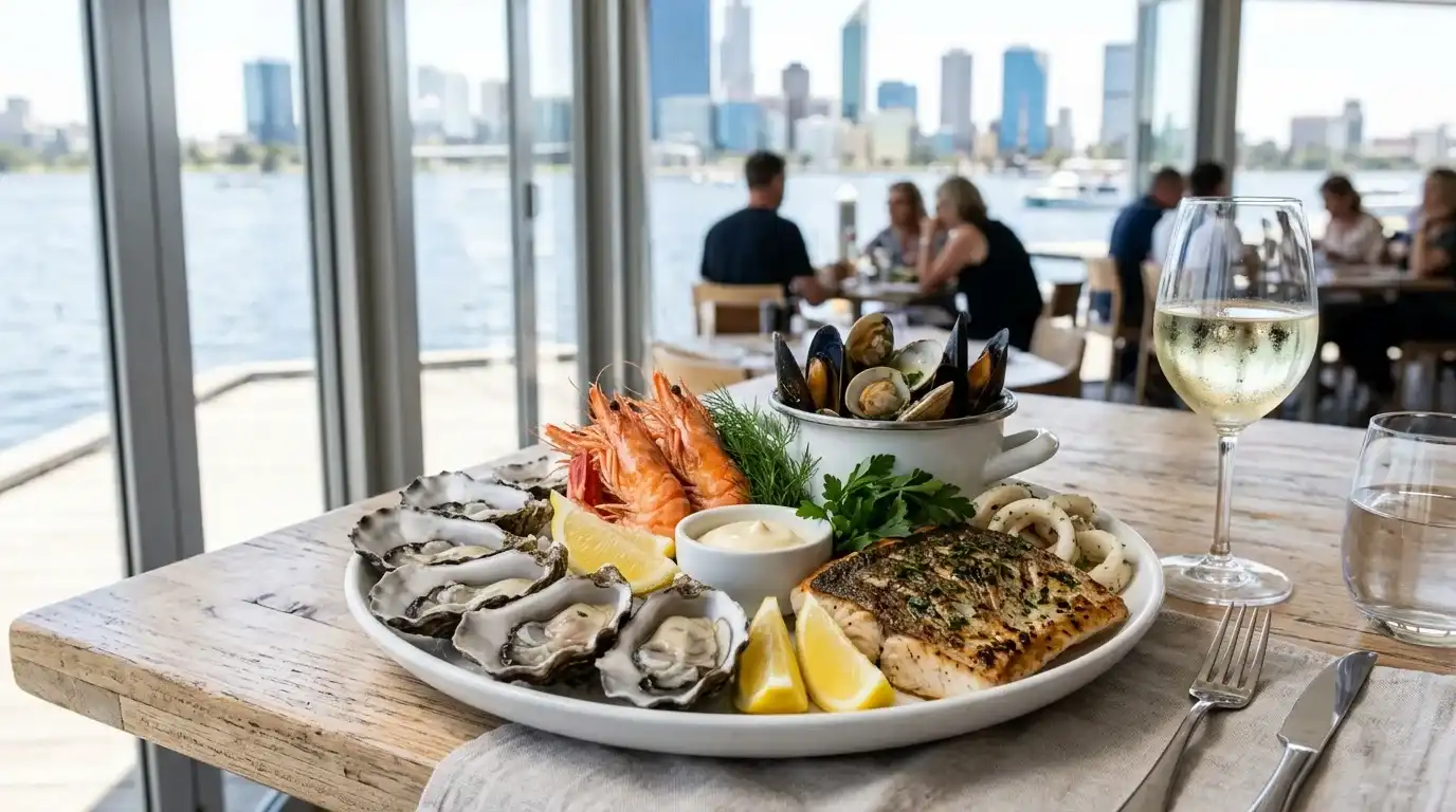 Fresh seafood platter on a white plate at a modern Perth waterfront restaurant