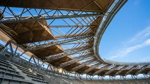 Looking up at the Optus Stadium bronze roof structure from inside showing architectural detail