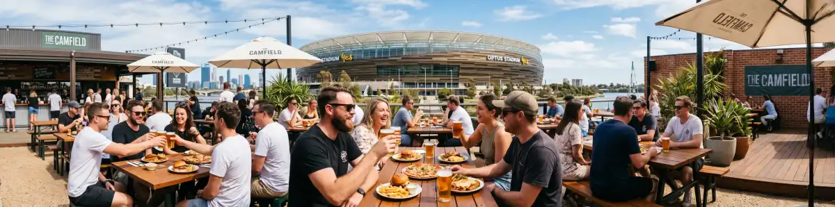 The Camfield pub beer garden in Burswood Perth on a sunny afternoon with Optus Stadium visible in the background