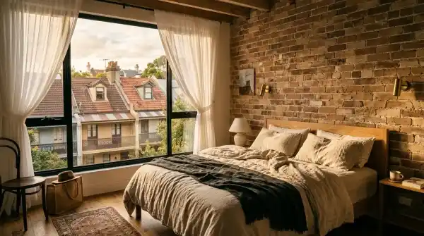 Boutique Sydney hotel room with exposed brick and a window view of Paddington terrace house rooftops