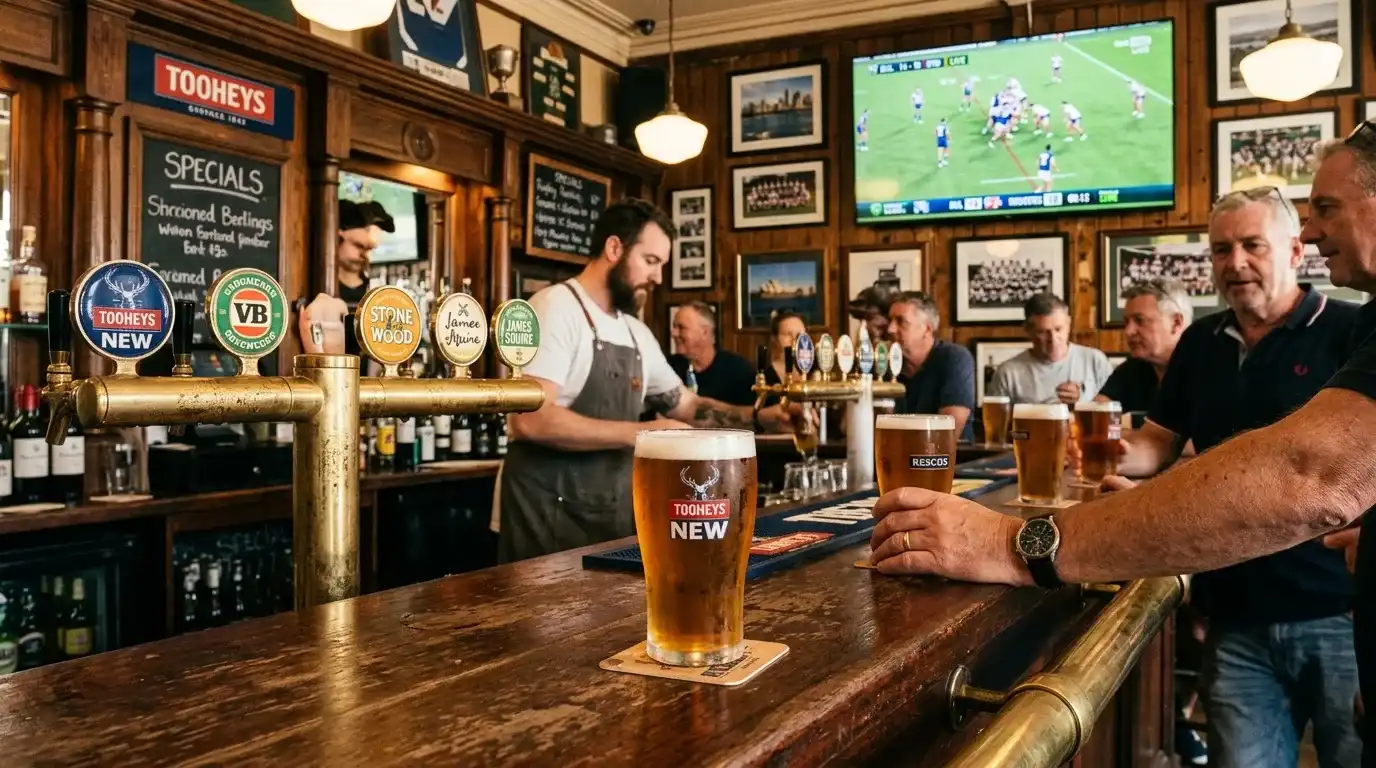 Schooners of beer on a wooden bar in a heritage Sydney pub with sport on TV