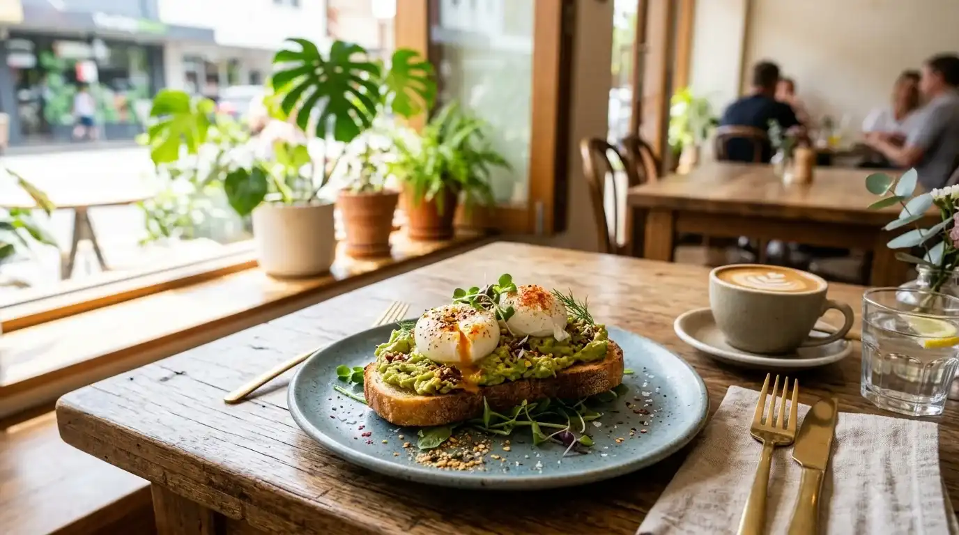 Modern Sydney brunch dish with poached eggs and avocado in a cafe with natural light